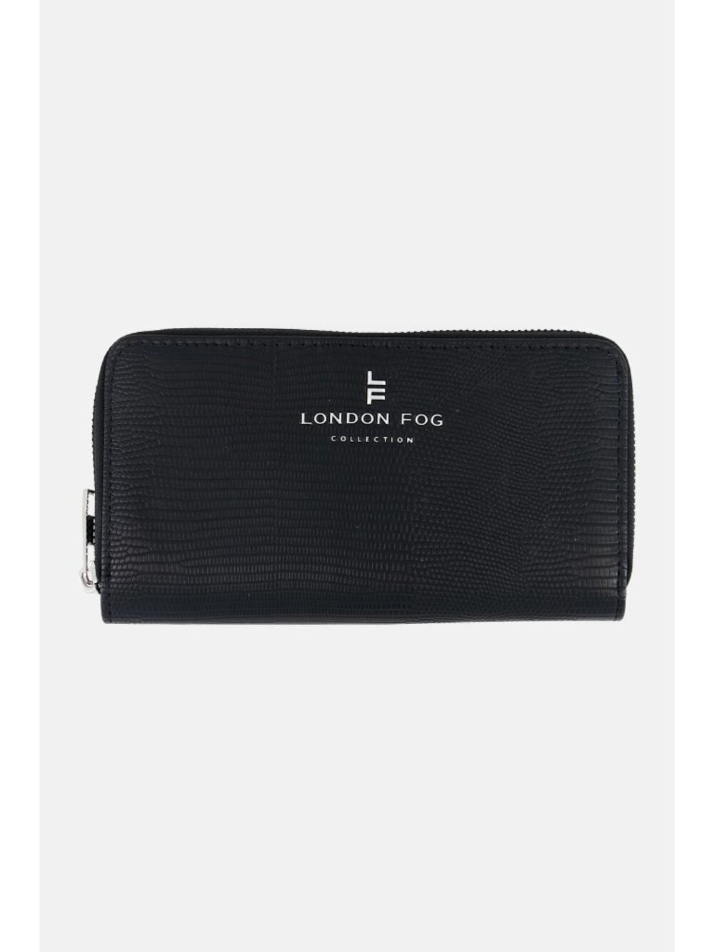 London Fog Canterbury Black Faux Leather Zip Around Wallet Multiple Compartments